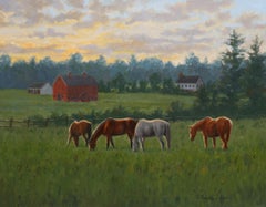 Peinture à l'huile « Peaceful Evening » de Beth Parcell, paysage de ferme à chevaux d'équitation, 16 x 20 cm