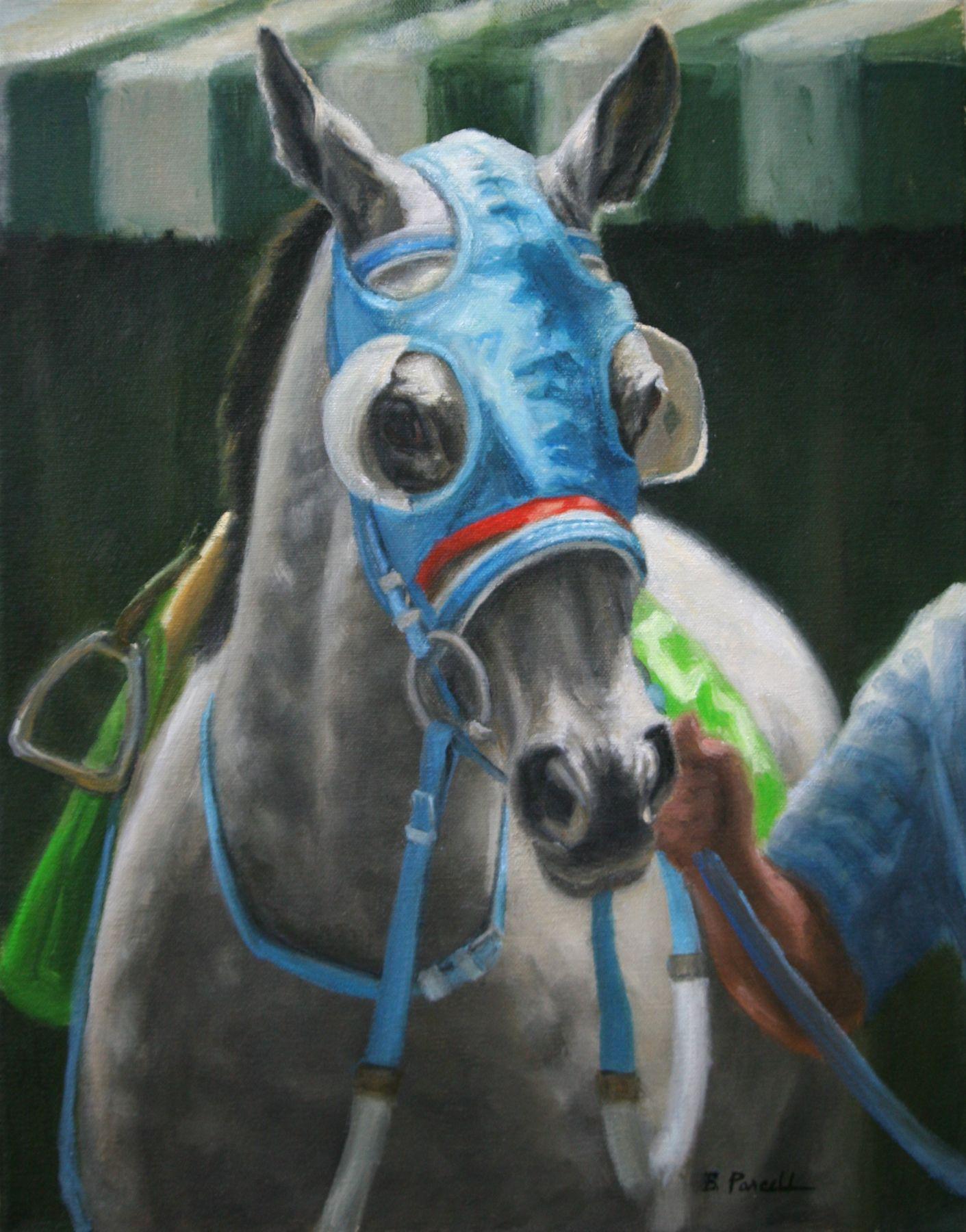 Landscape Painting Beth Parcell  - Beth Parcell, "Pre Race Composure", peinture à l
huile 18x14 sur les courses de chevaux.