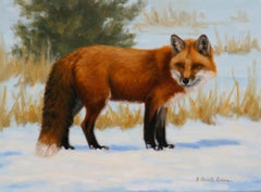 Beth Parcell, "Red Winter Coat", 12x16 Fox Snow Winter Landscape Oil Painting