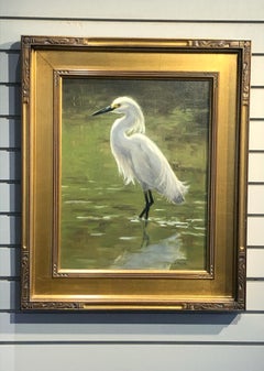 Beth Parcell, "Snowy", 18x14 White Egret Waterscape Oil Painting on Canvas