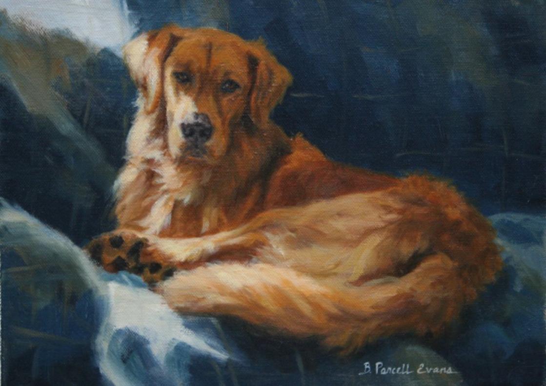 Beth Parcell, « Soft Spot », portrait à l'huile d'un chien caniche doré, 9 x 12 cm