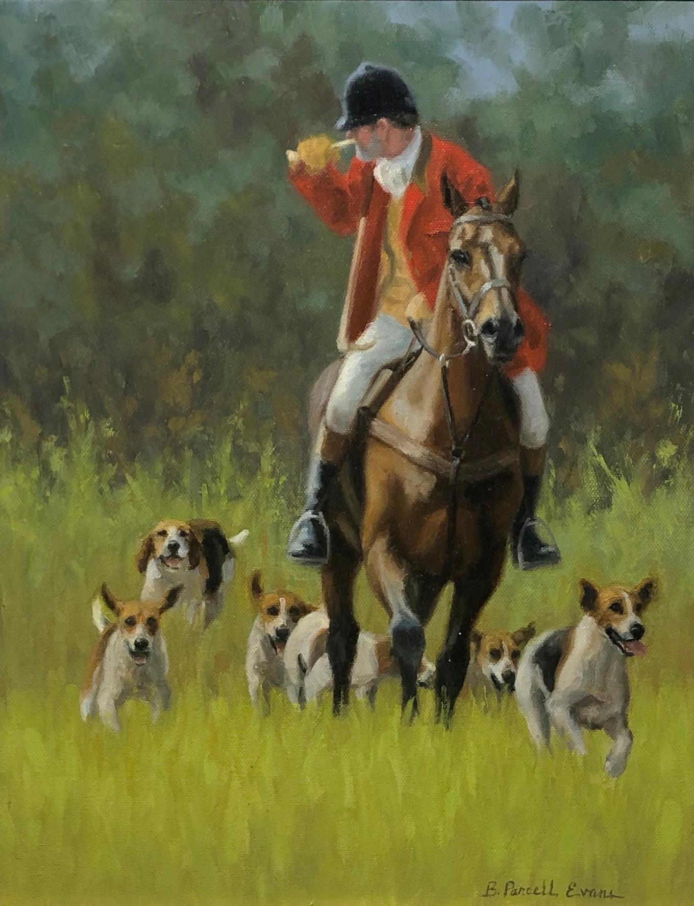 Beth Parcell  Landscape Painting - Beth Parcell, "Sound of the Horn", 14x11 Fox Hunt Hounds Horse Oil Painting