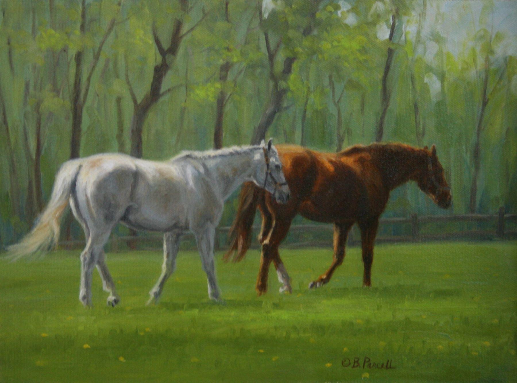 Beth Parcell, "Spring", 9x12 Equine Horse Landscape Oil Painting on Canvas 