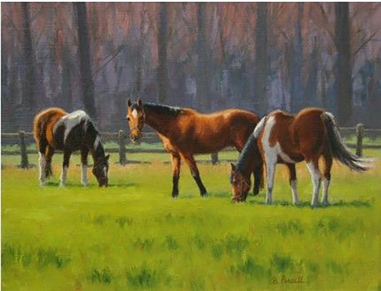 Animal Painting de Beth Parcell  - Beth Parcell, "Primavera", 11x14 Caballo Paisaje verde Pintura al óleo