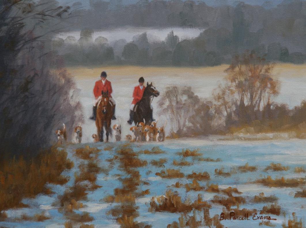 Beth Parcell  Landscape Painting - Beth Parcell, "Winter Hunt", 9x12 Snowy Equine Fox Hunt Landscape Oil Painting