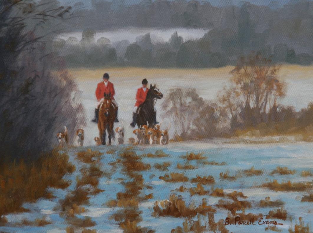 Beth Parcell, „Winter Hunt“, 9x12 Schneewittchen-Equine-Fuchs-Landschaft, Ölgemälde 