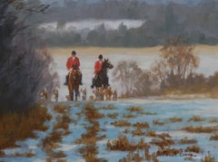 Vintage Beth Parcell, "Winter Hunt", 9x12 Snowy Equine Fox Hunt Landscape Oil Painting 
