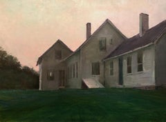 Quadro ad olio "Crepuscolo", architettura coloniale illuminata da un cielo rosa e un prato verde