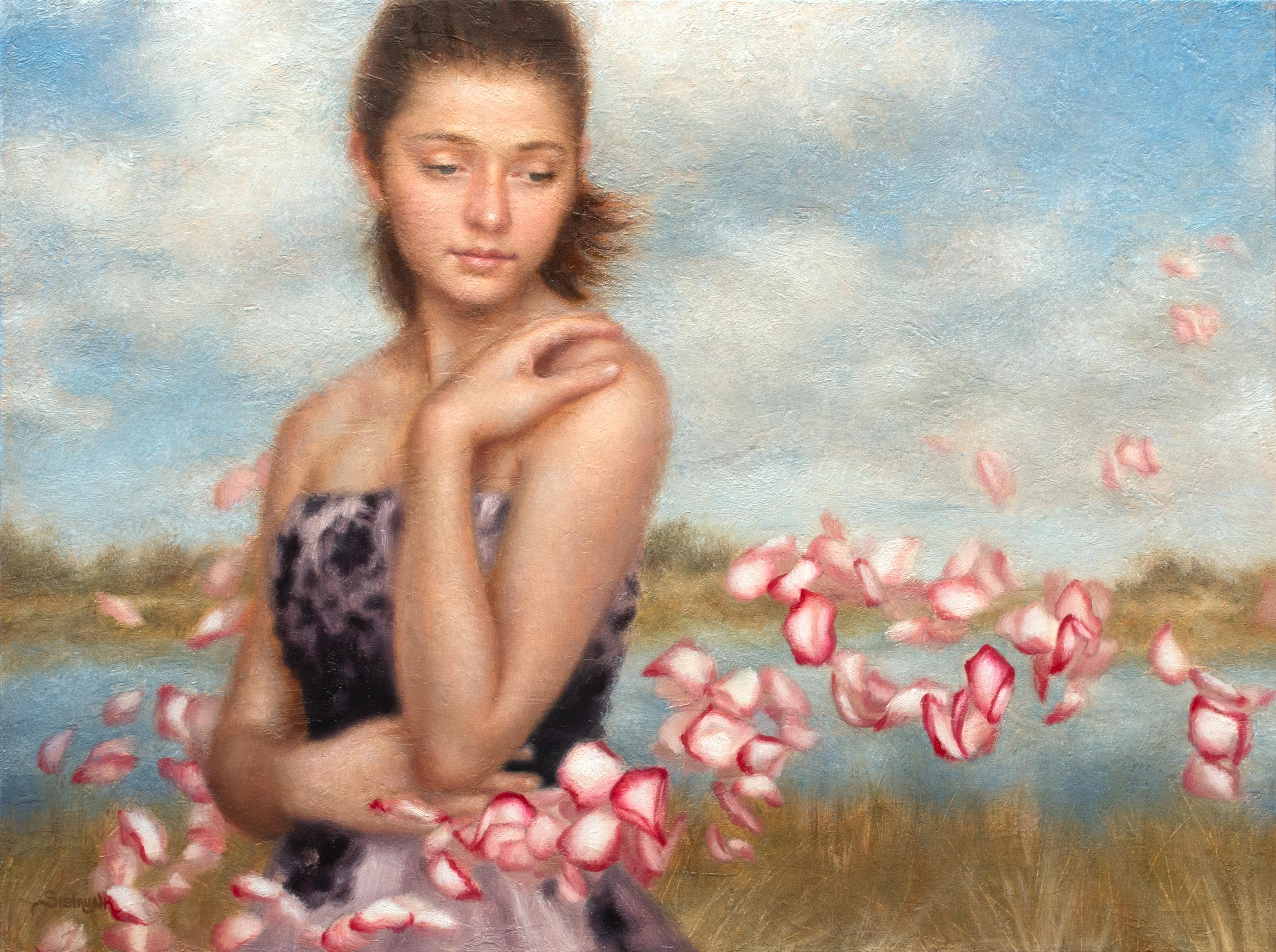 Sígueme", de Beth Sistrunk, es un óleo sobre tabla en el que aparece una modelo con pétalos rosas.

Sobre el artista:
Los intereses de Beth por la pintura de la figura, la moda femenina, las flores, la fotografía de paisajes y la naturaleza se