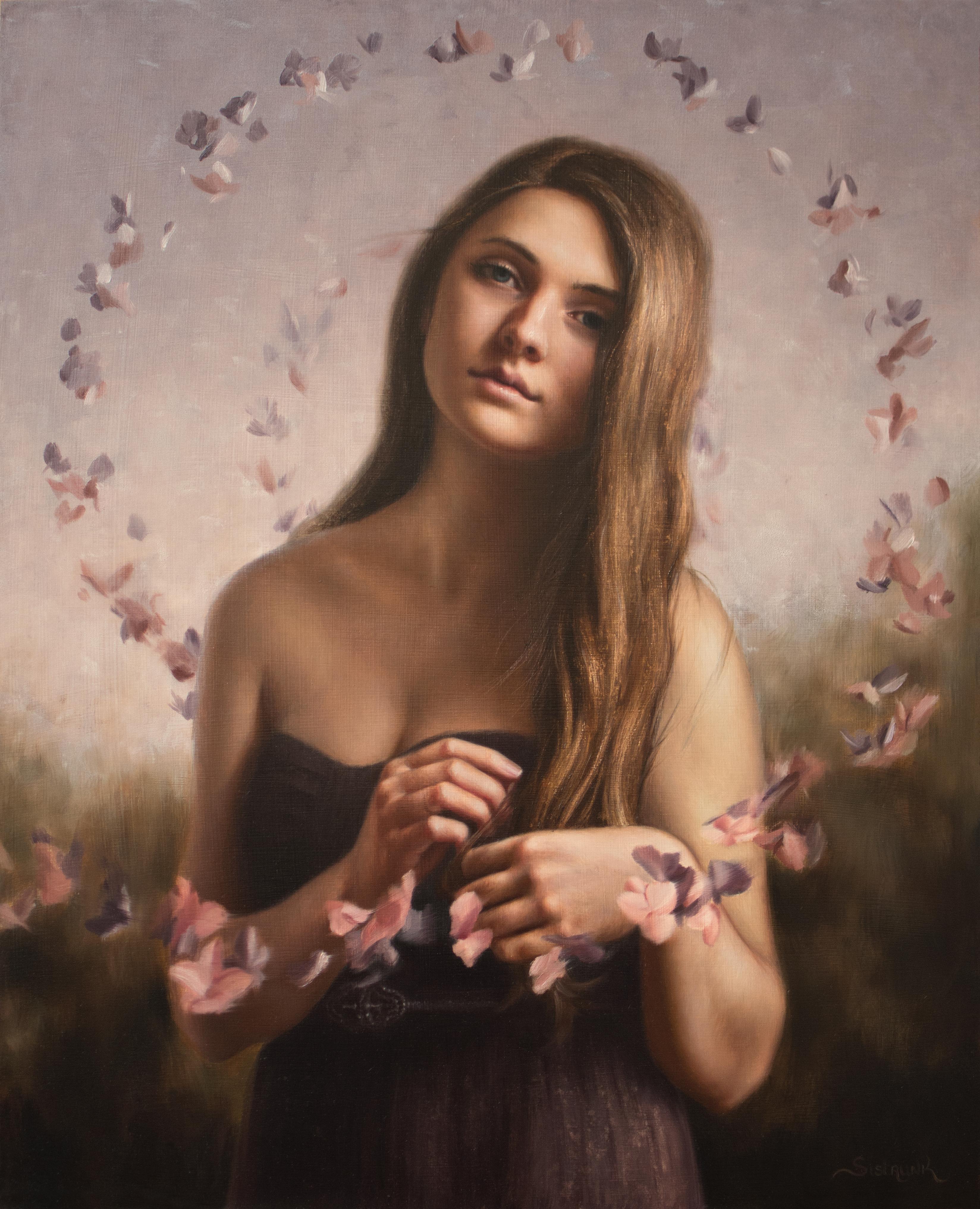 L'opera "Serenity" di Beth Sistrunk è un olio su pannello che raffigura una modella con petali rosa.

Informazioni sull'artista:
Gli interessi di Beth nel dipingere la figura, la moda femminile, i fiori, la fotografia di paesaggio e la natura si