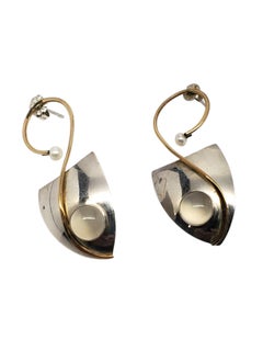 Vintage Beth Solomon Sterling Silver Gold Plated Curved Pearl Earrings #20936