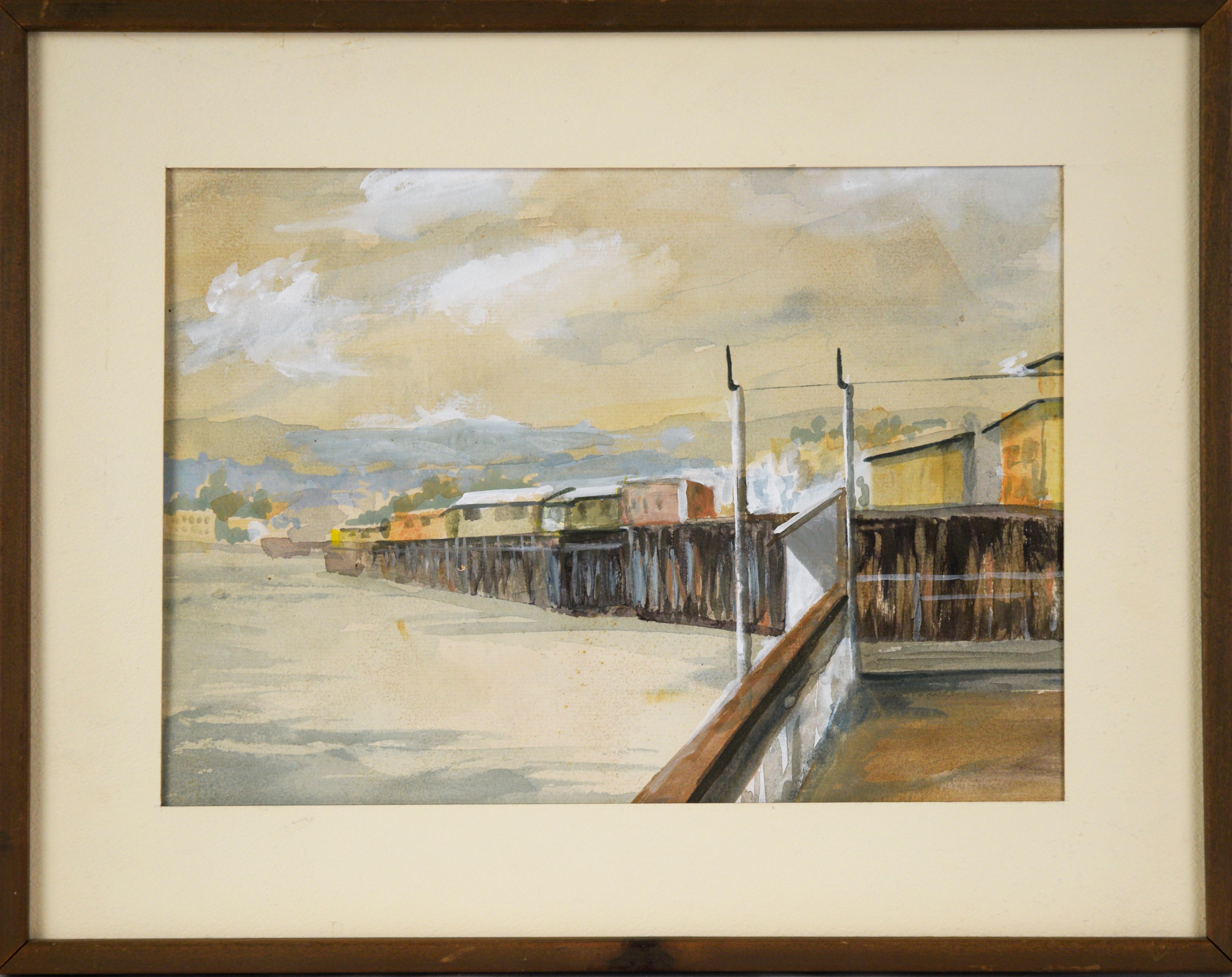 Beautiful watercolor painting depicting a side view of the Santa Cruz Wharf by Beth Teall Wilkins (American, 1906-1992). Alice Elizabeth Teall (Beth T. Wilkins) was born in Moline, Illinois in 1906 where she resided until 1928 when she married and
