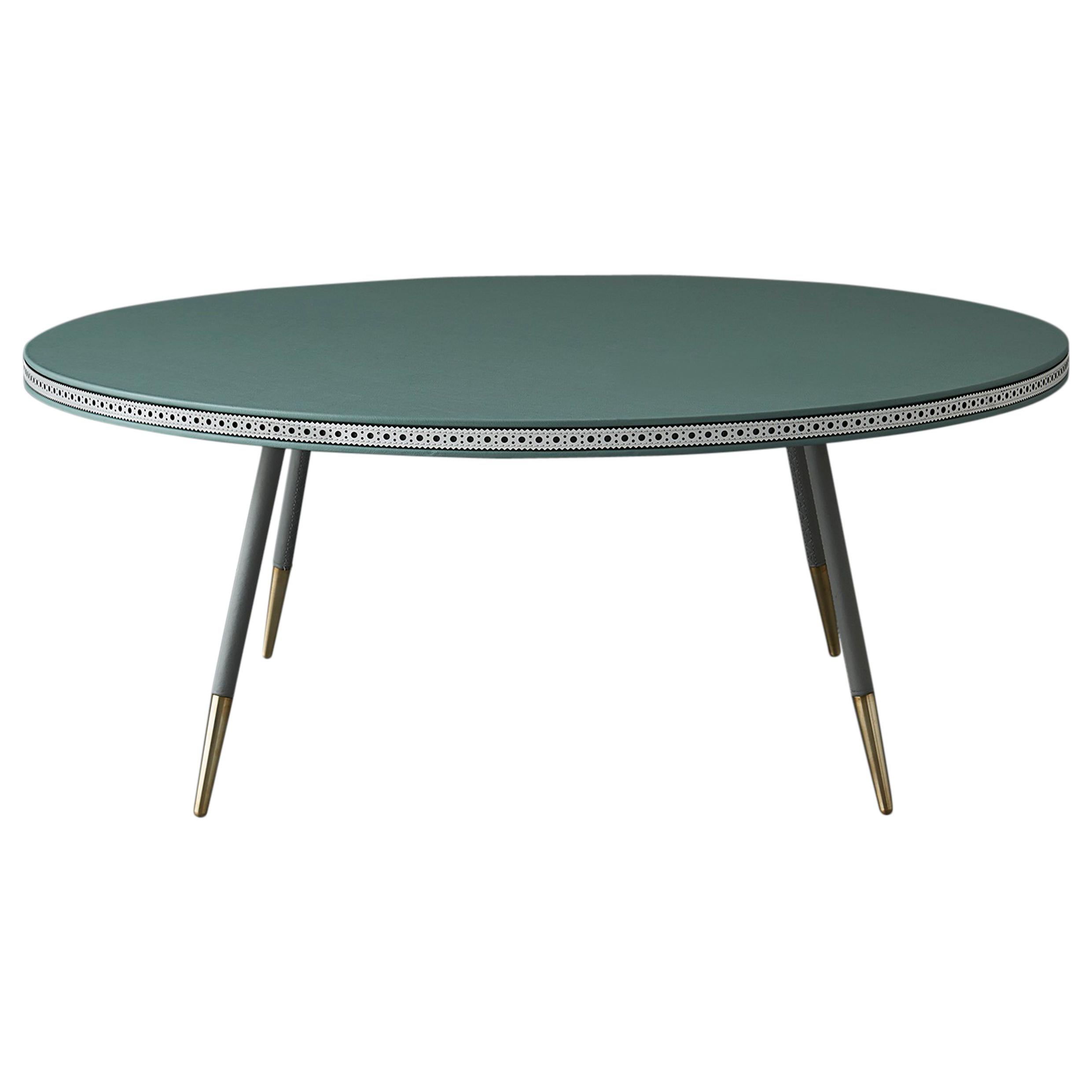 Bethan Gray Leather Brogue Coffee Table in Jade with White Edge and Brass Base 