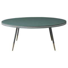 Bethan Gray Leather Brogue Coffee Table in Jade with White Edge and Brass Base 