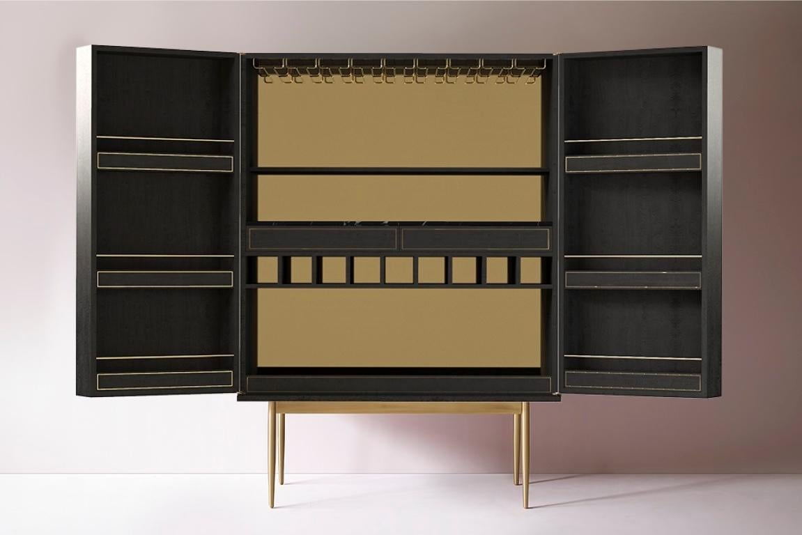 Marquetry Bethan Gray Dhow Large Bar Cabinet in Monochrome and Brass For Sale