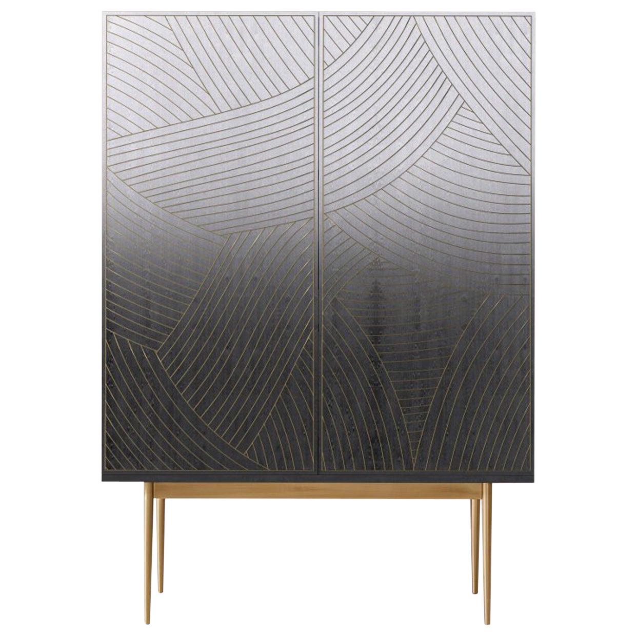 Bethan Gray Dhow Large Bar Cabinet in Monochrome and Brass For Sale