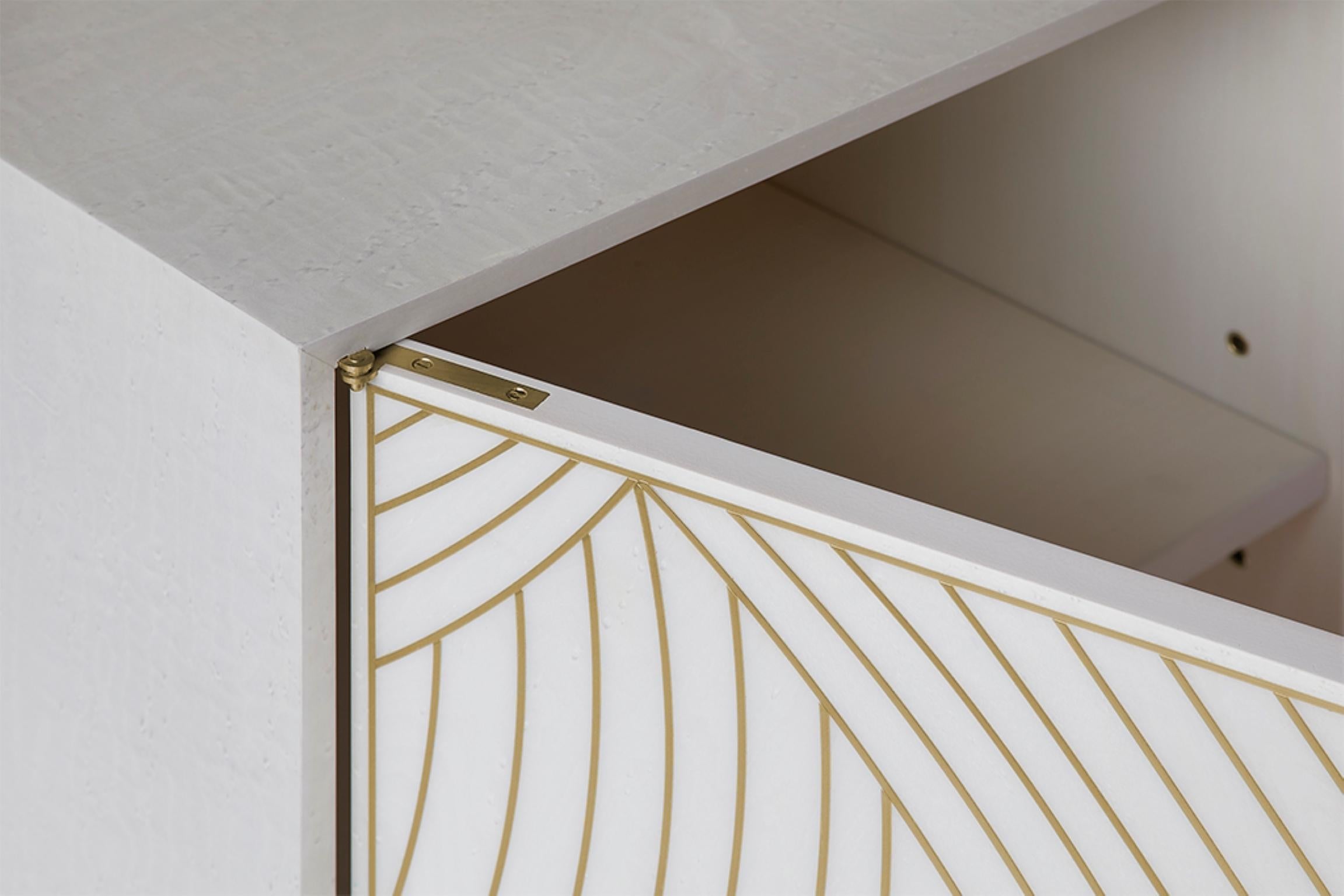 Contemporary Bethan Gray • Dhow Bedside Chest of Drawers in White and Brass For Sale