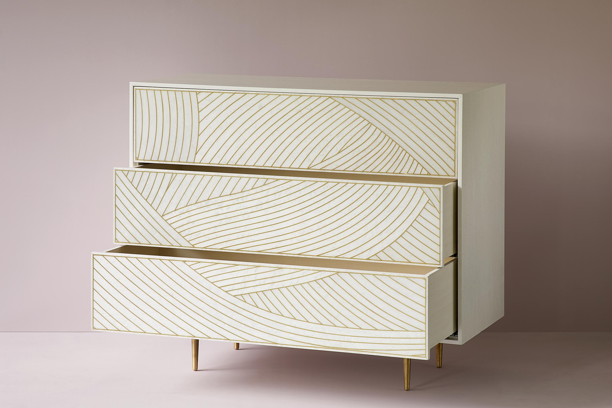 Contemporary Bethan Gray Dhow Chest of Drawers in White and Brass For Sale