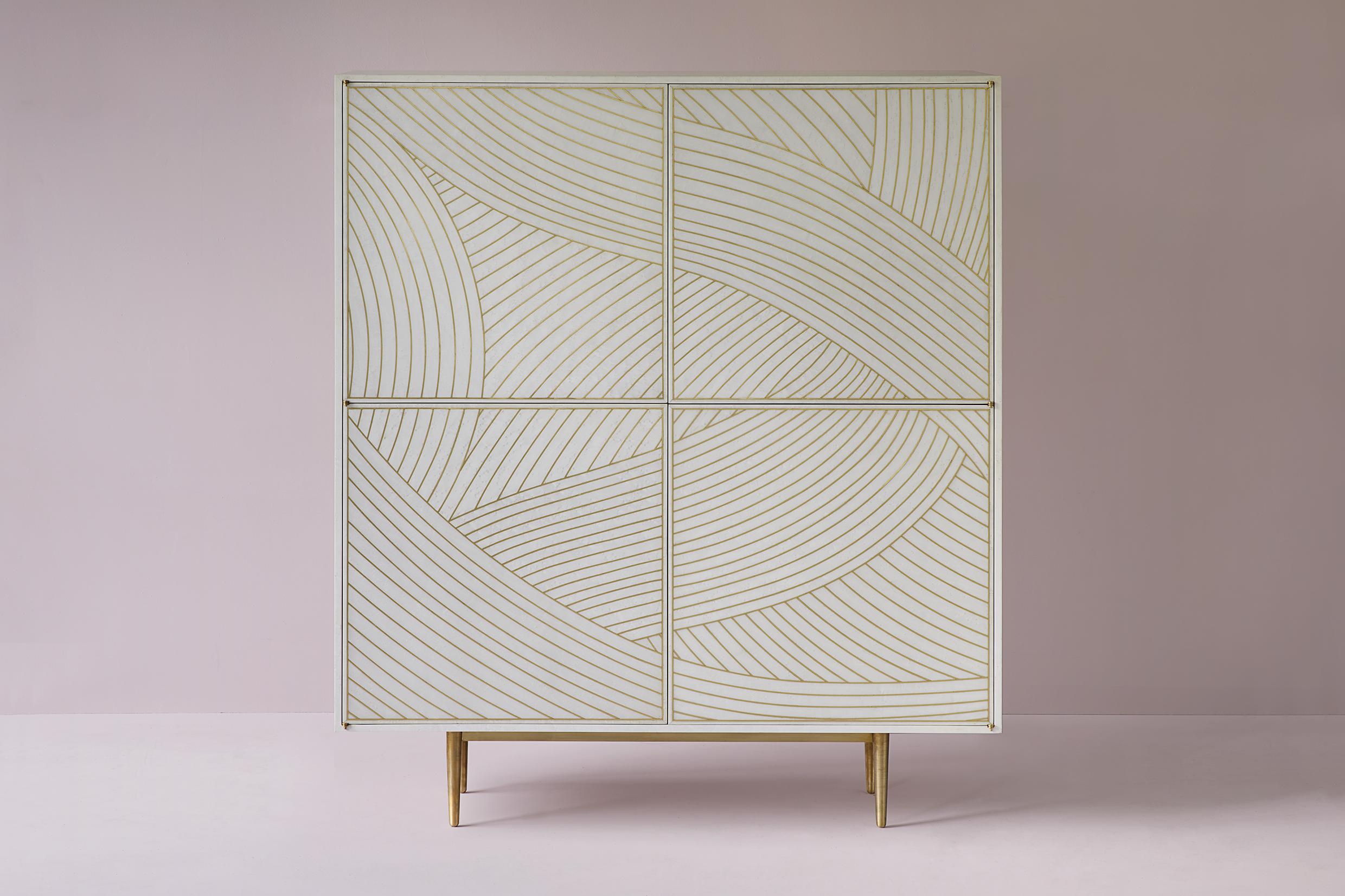 Marquetry Bethan Gray Dhow 2x2 Cabinet White and Brass For Sale