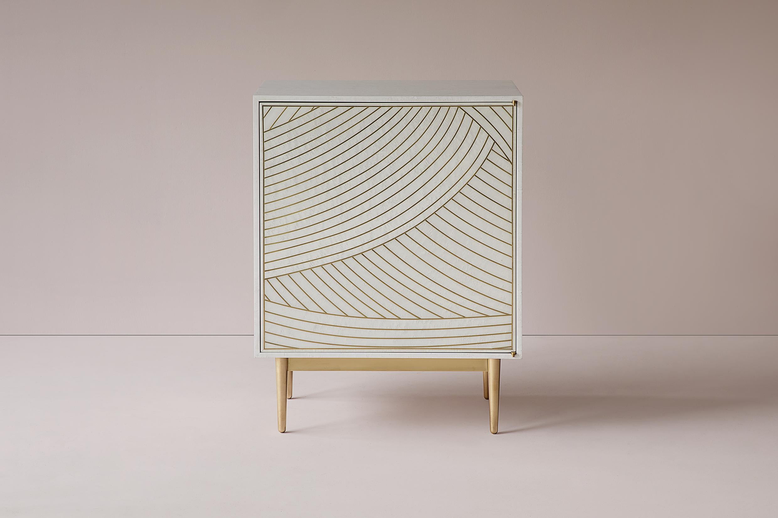 Marquetry Bethan Gray Dhow One Door Bedside Table in White and Brass For Sale