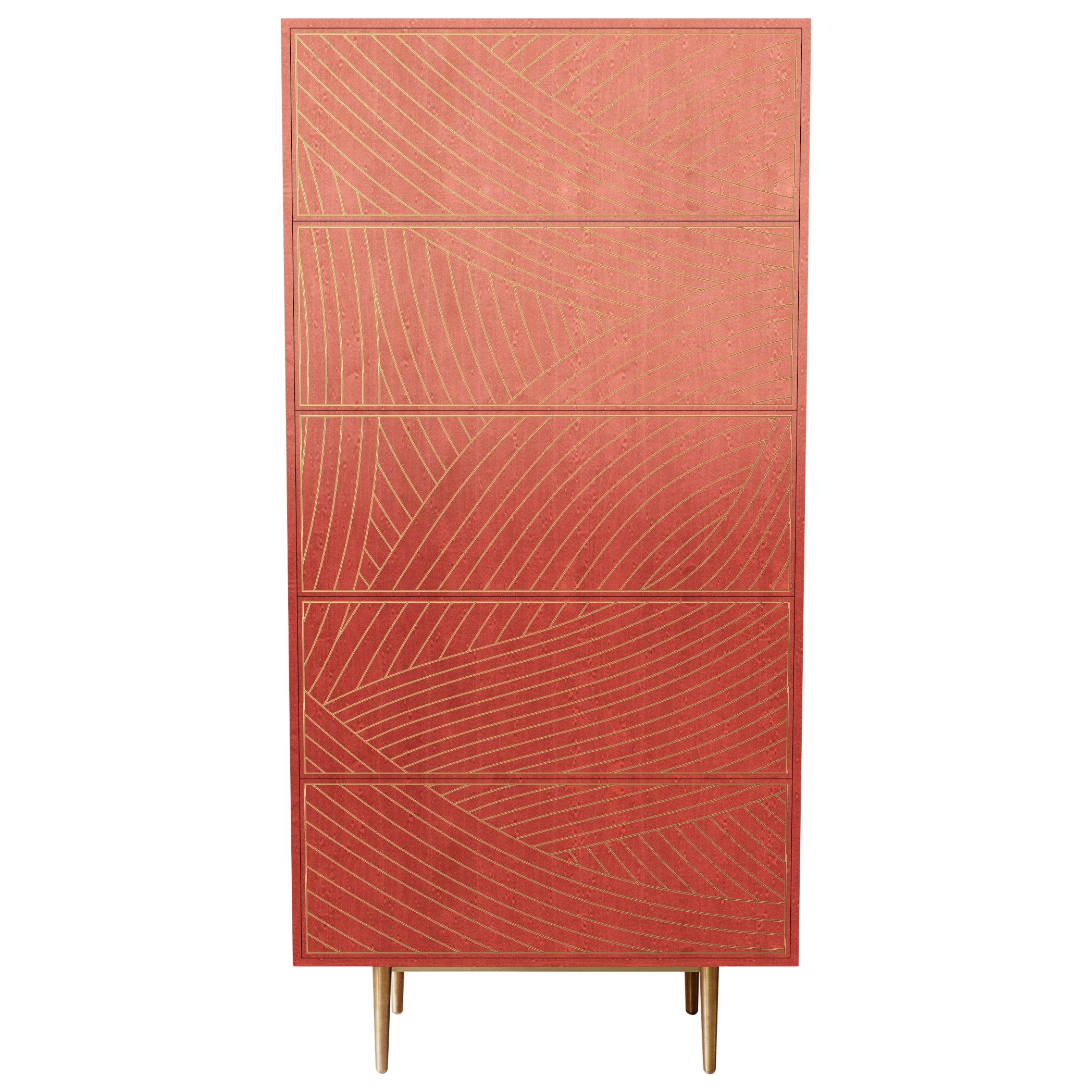 Bethan Gray Dhow Tall Boy Cabinet in Pink and Brass