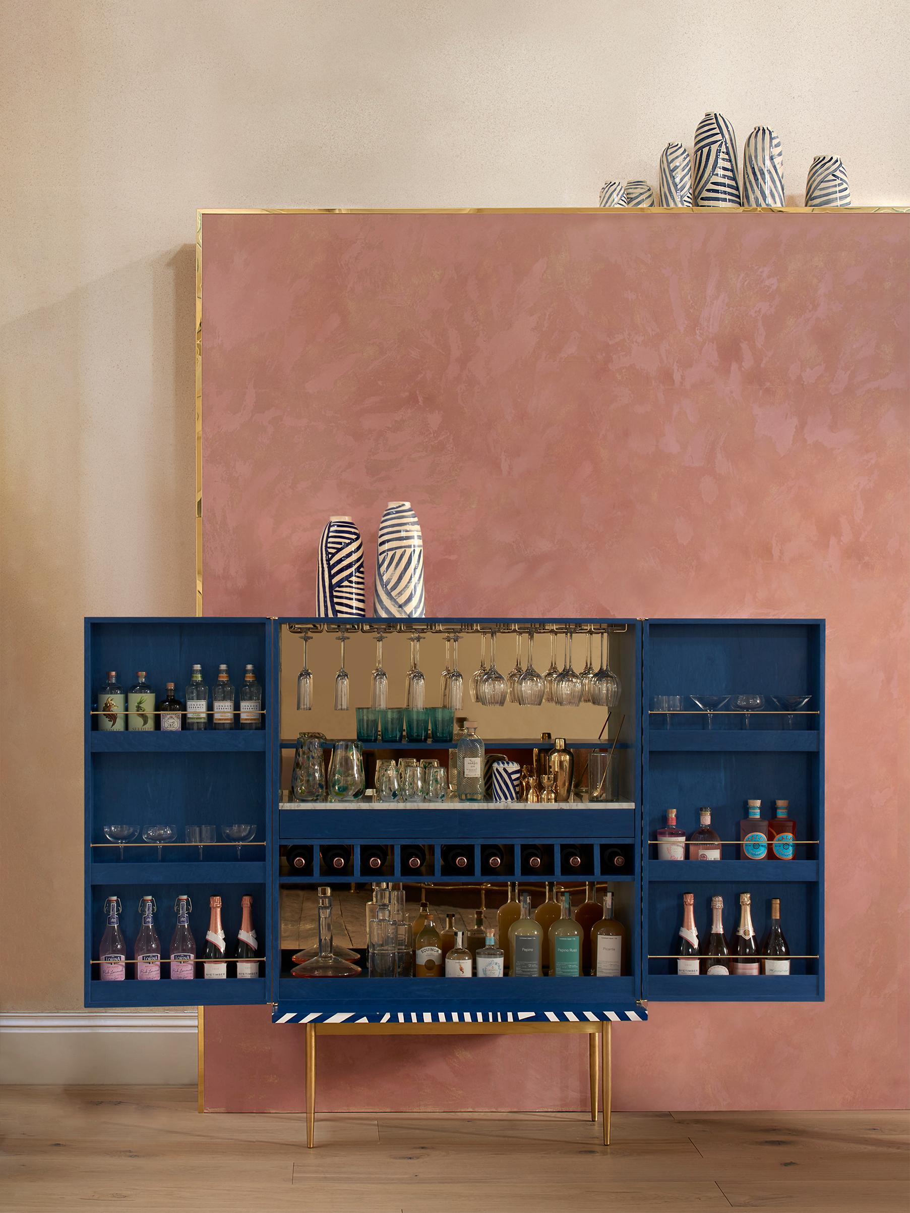 British Bethan Gray • Inky Dhow Large Bar Cabinet in Ultramarine and White For Sale