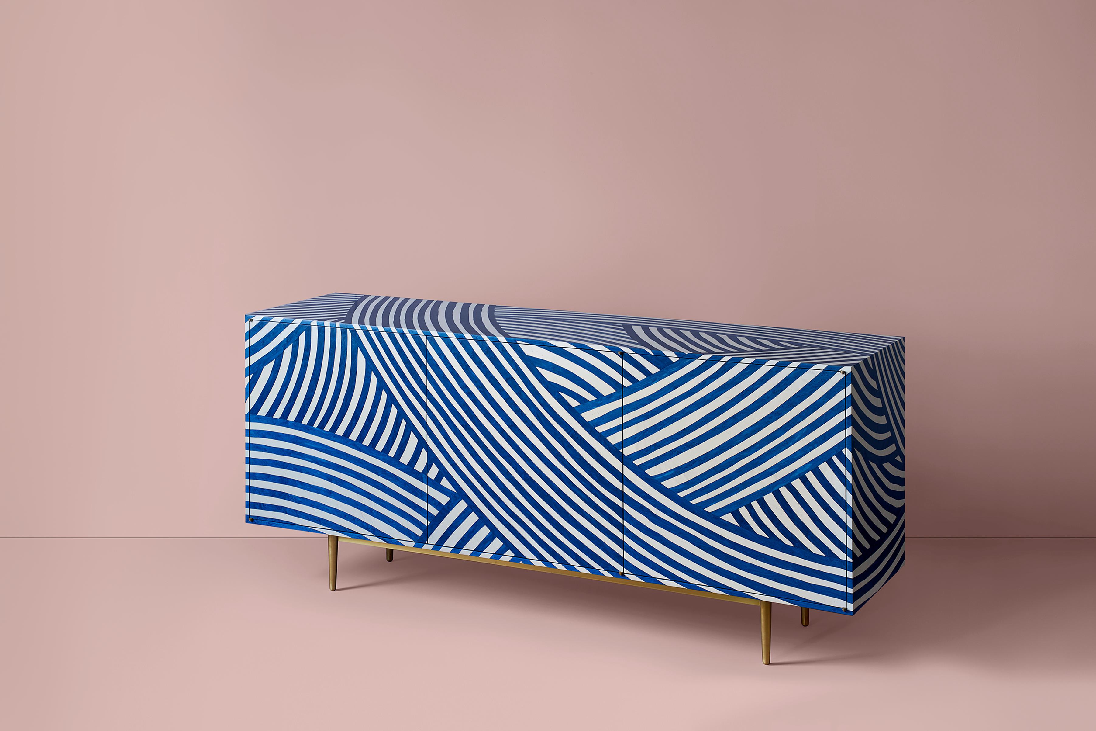 British Bethan Gray • Inky Dhow Three Door Sideboard Cabinet Ultramarine and White For Sale