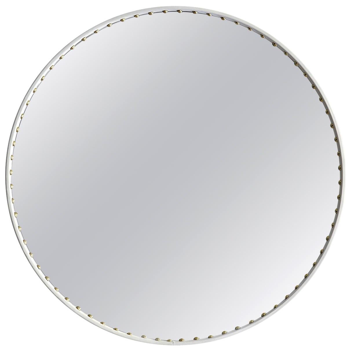 Bethan Gray Large Round Leather Stud Mirror in White and Brass