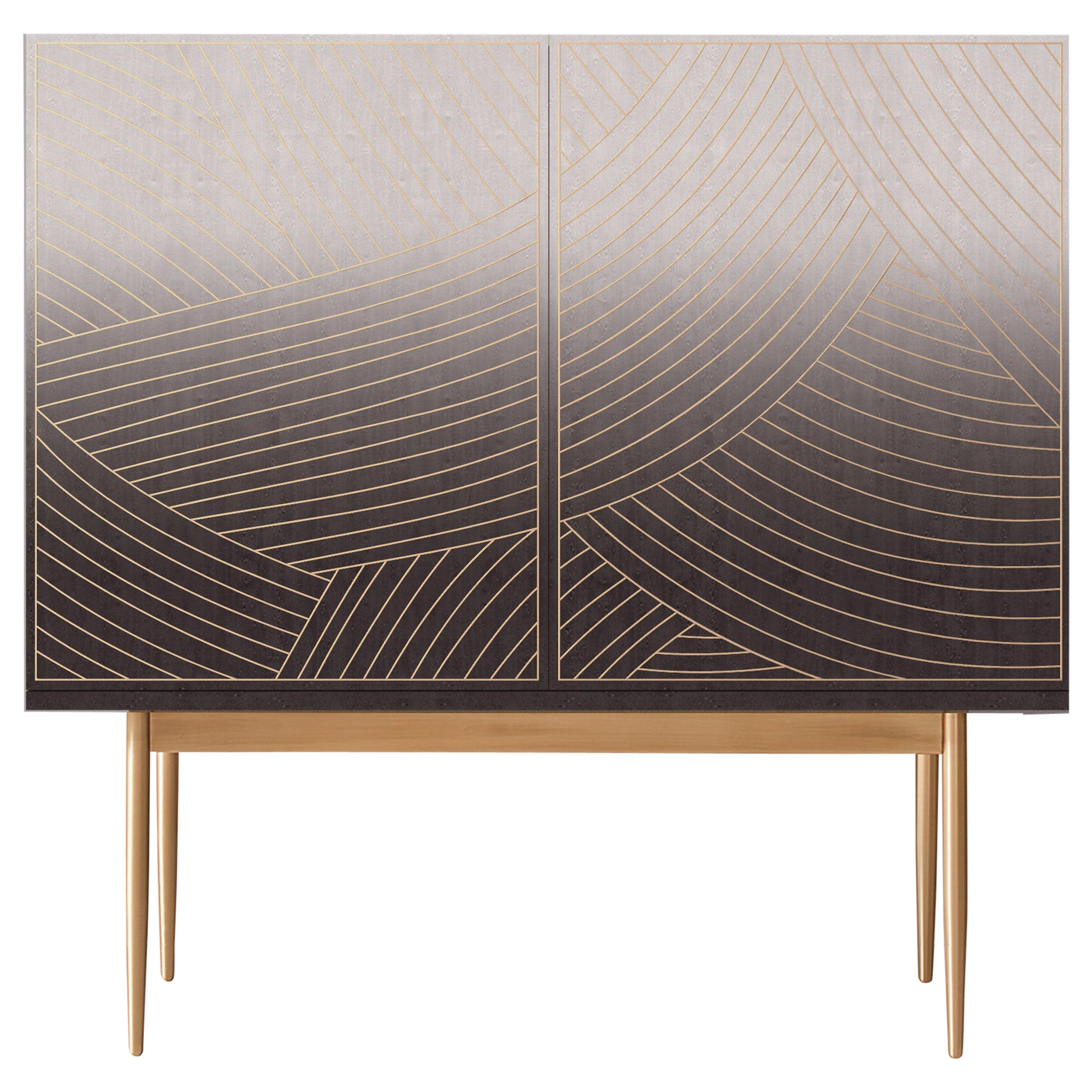 Bethan Gray Dhow Low Bar Cabinet in Monochrome and Brass For Sale