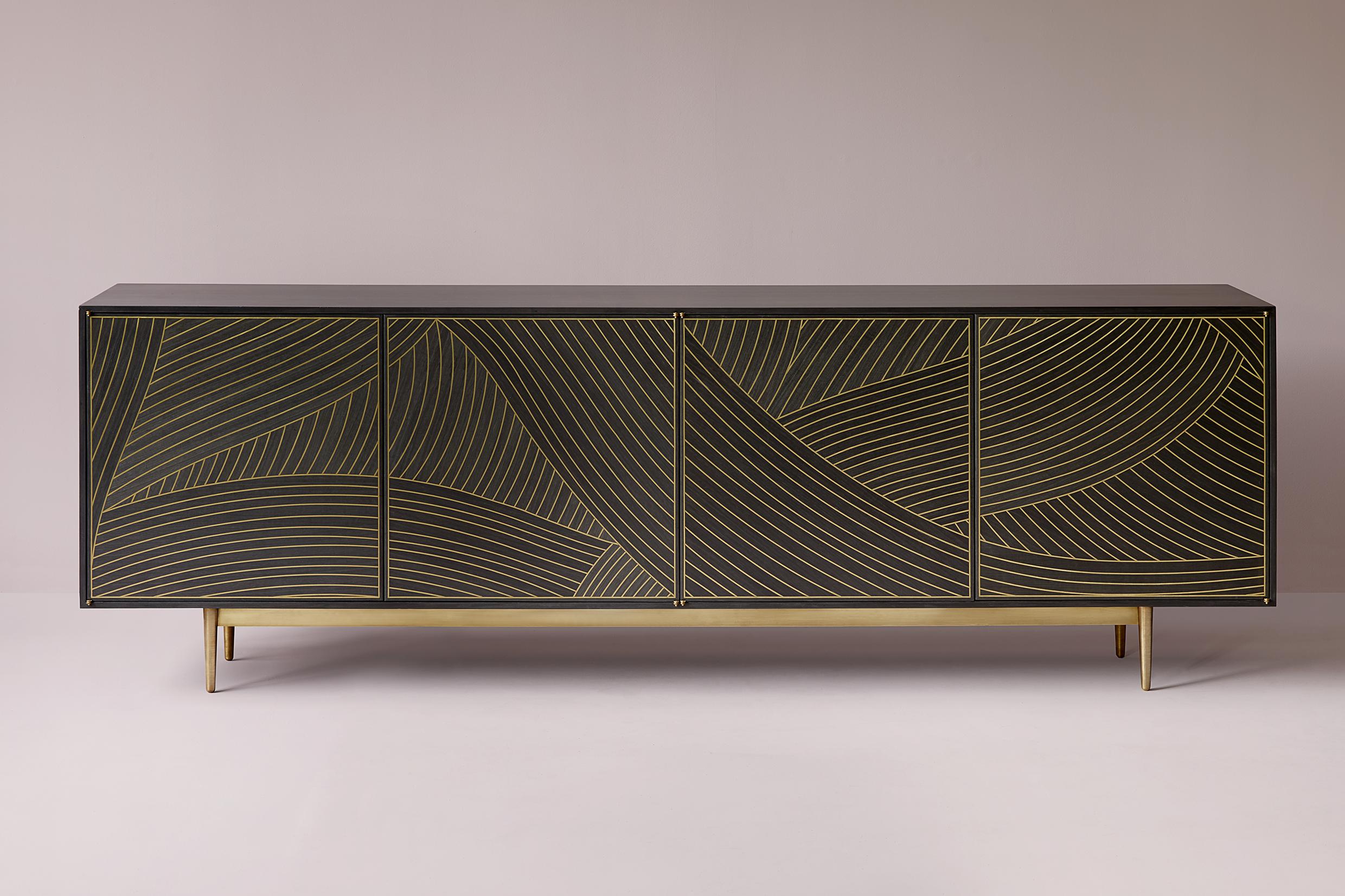 Omani Bethan Gray • MAXI Dhow Four Door Cabinet in Charcoal and Brass For Sale