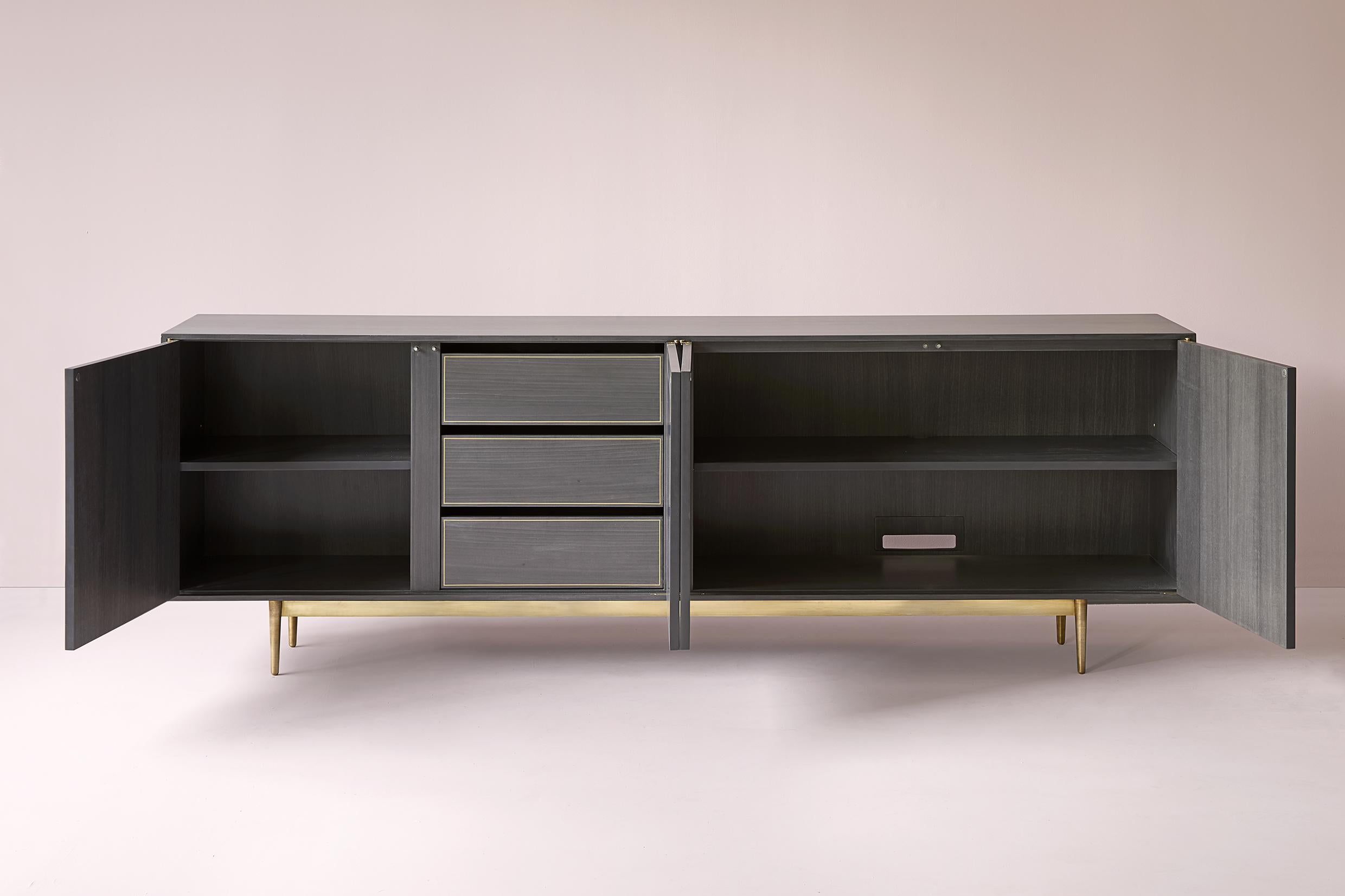 Marquetry Bethan Gray • MAXI Dhow Four Door Cabinet in Charcoal and Brass For Sale