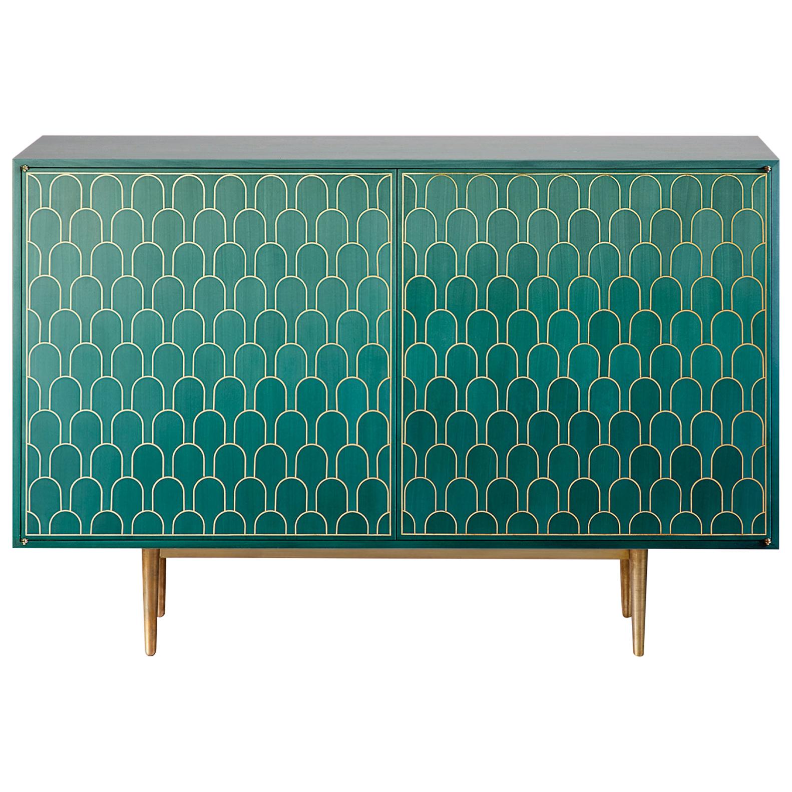 Bethan Gray Maxi Two-Door Sideboard Cabinet in Jade Veneer and Solid Brass For Sale