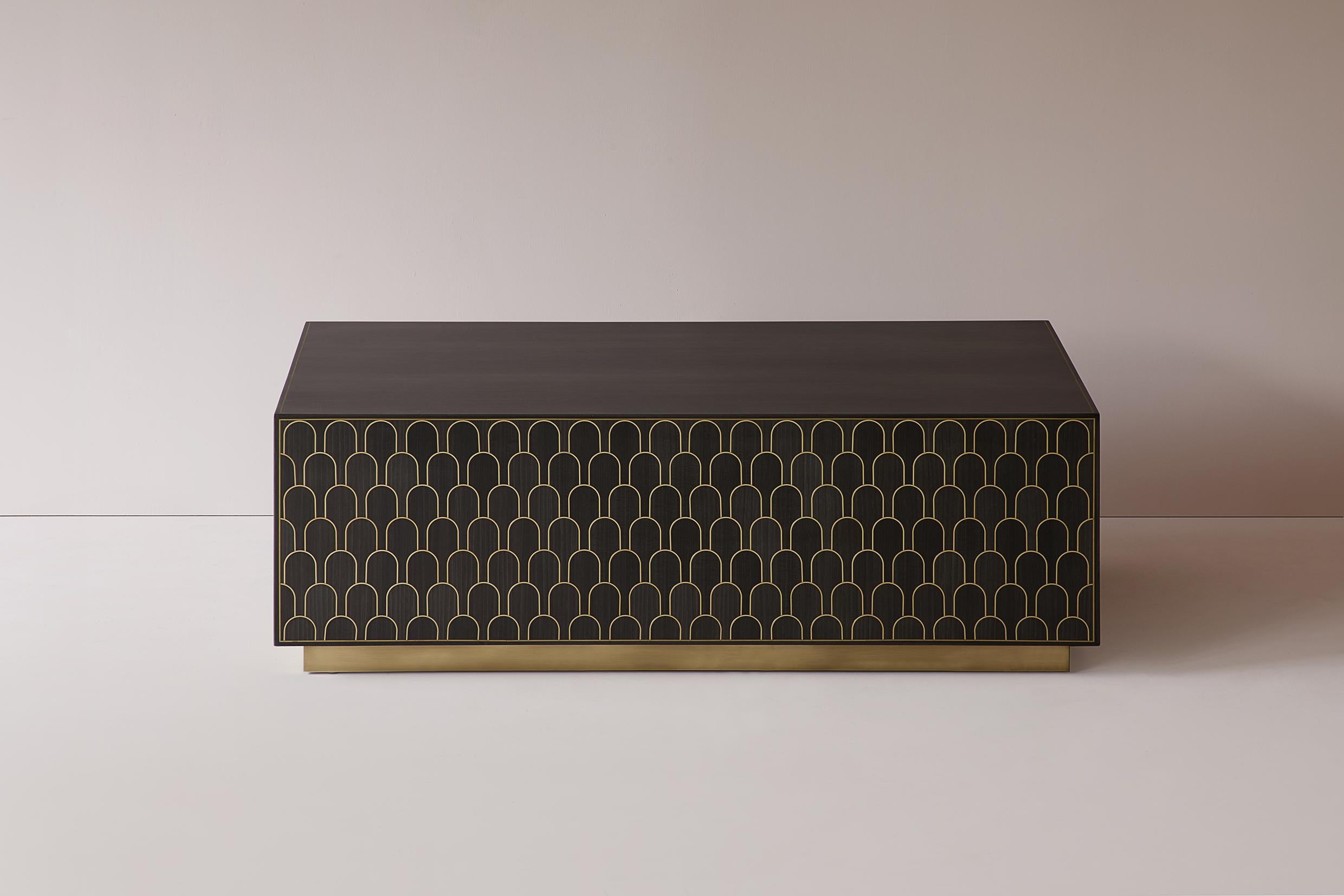 Marquetry Bethan Gray Nizwa Square Block Table in Charcoal and Brass