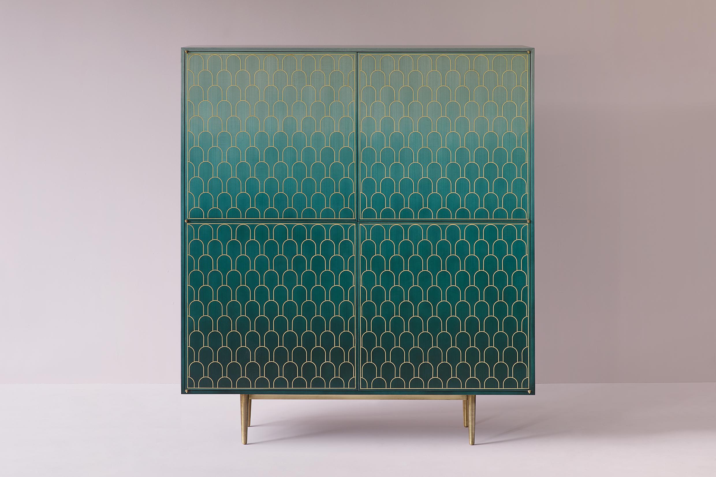 Maple Bethan Gray Nizwa 2x2 Cabinet Jade and Brass For Sale