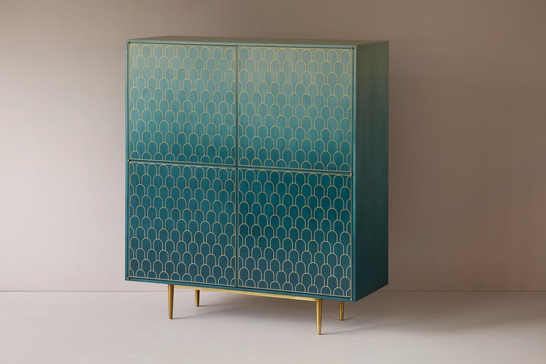 Bethan Gray Nizwa Four-Door Tall Cabinet Teal / Brass For Sale at 1stdibs