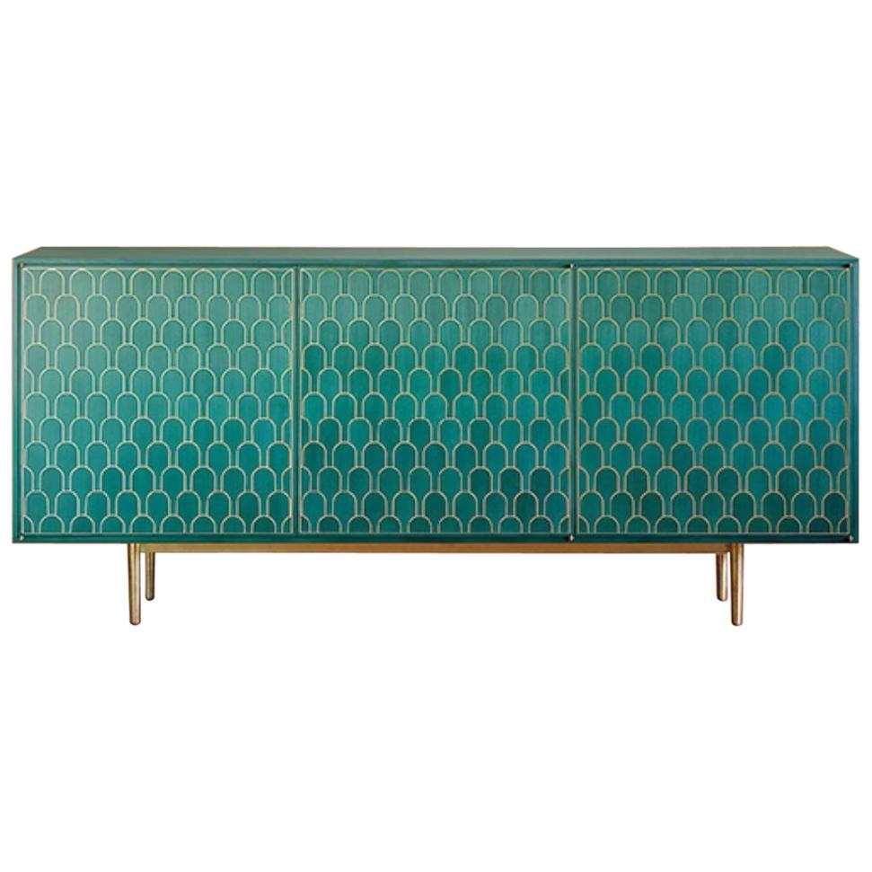 Bethan Gray Nizwa Three Door Cabinet in Jade Italian Veneer and Solid Brass