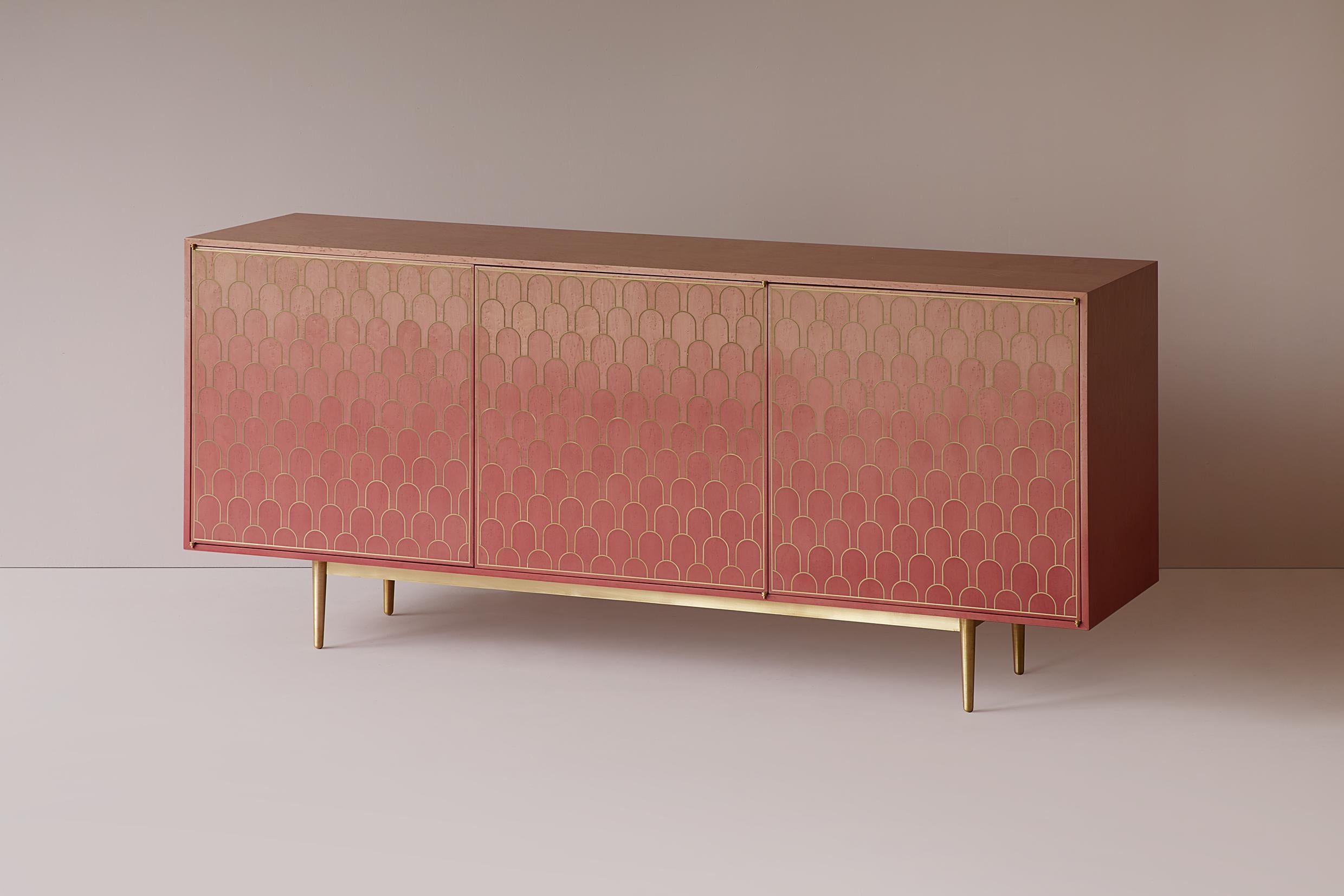Contemporary Bethan Gray Nizwa Three-Door Cabinet in Pink and Brass For Sale