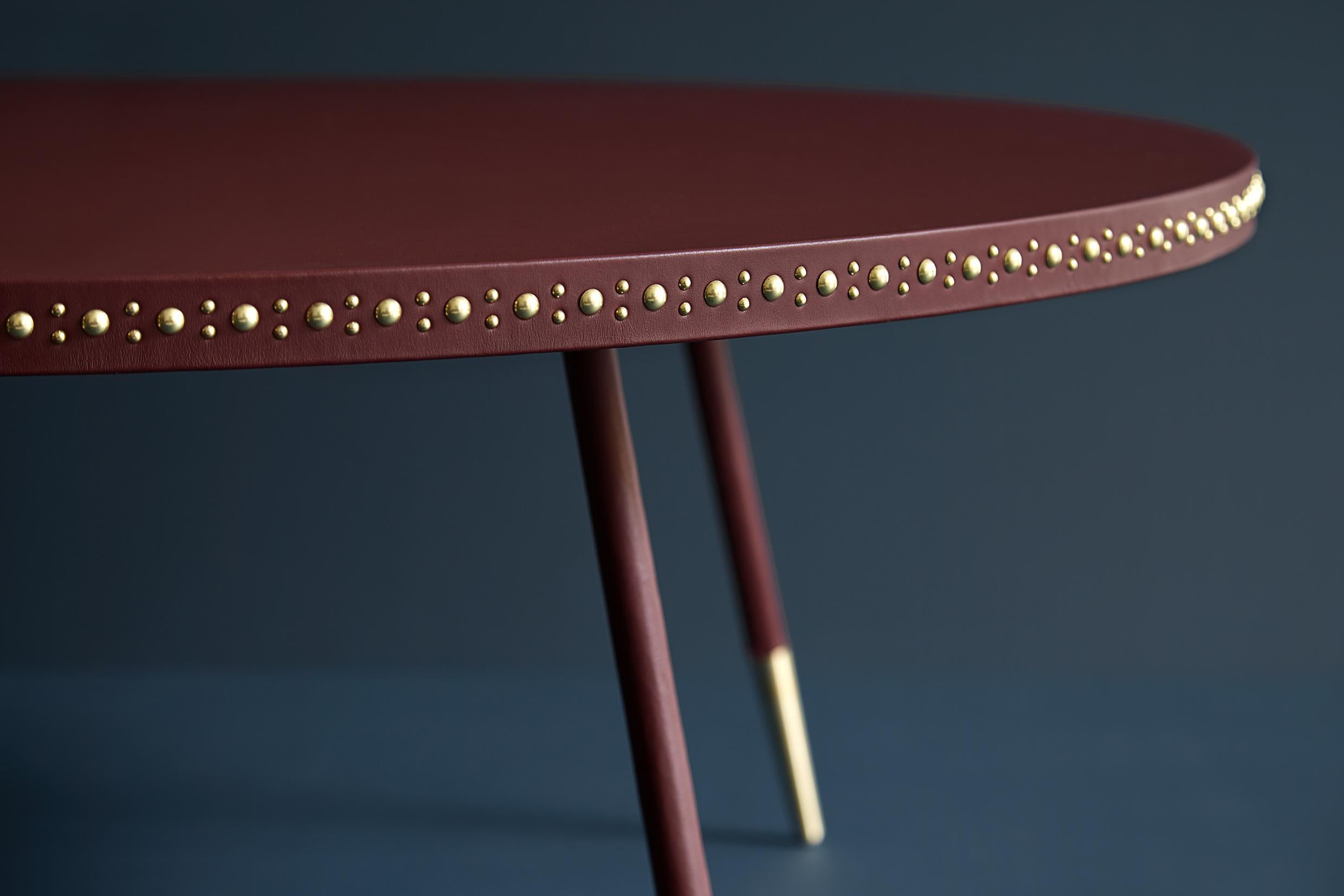 British Bethan Gray Leather Stud Coffee Table in Wine and Brass