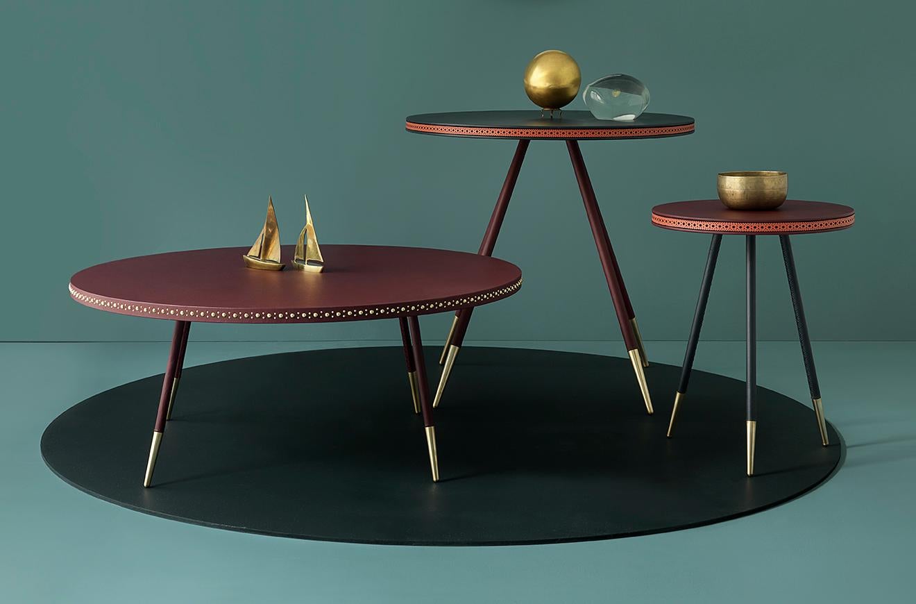 Hand-Crafted Bethan Gray Leather Stud Coffee Table in Wine and Brass