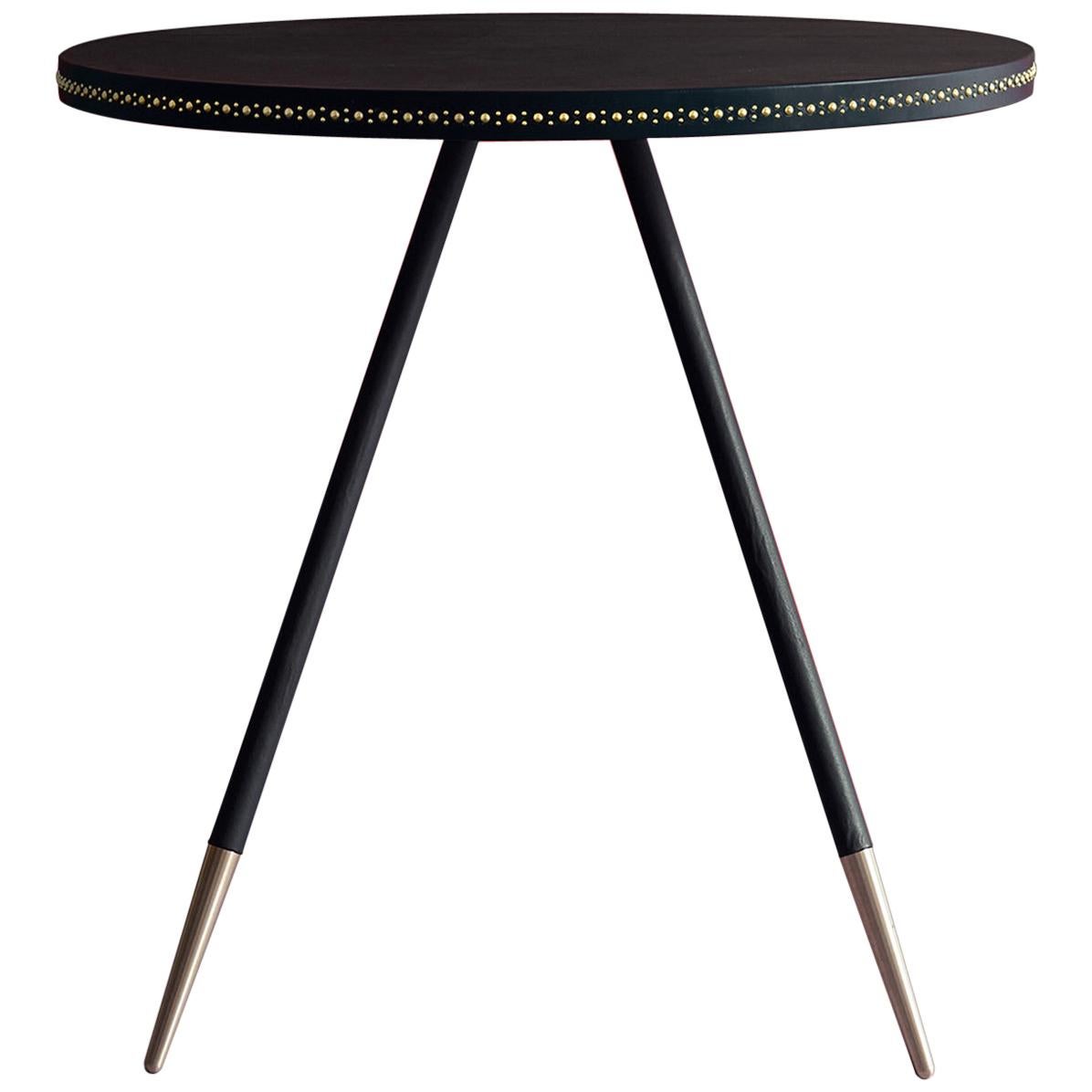 Bethan Gray Stud Dining Table in Navy with Coral Edge and Brass Base