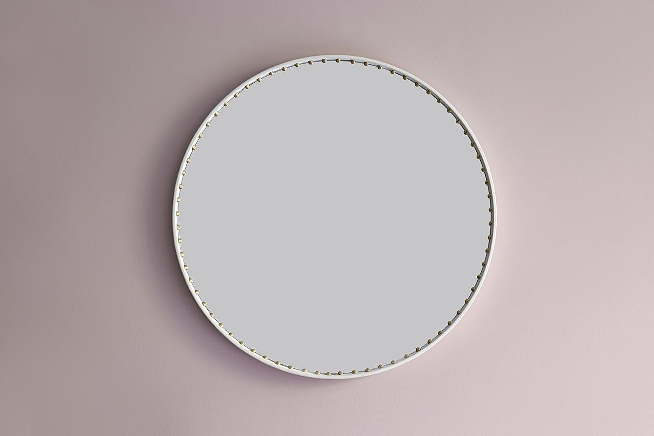 British Bethan Gray Small Leather Round Stud Mirror in White and Brass