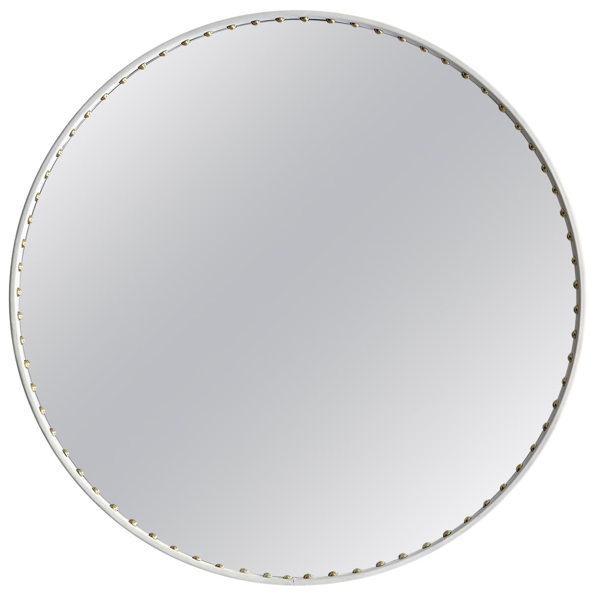 Bethan Gray Small Leather Round Stud Mirror in White and Brass