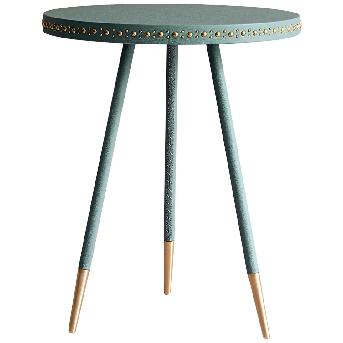 Bethan Gray Leather Stud Side Table in Jade with Brass