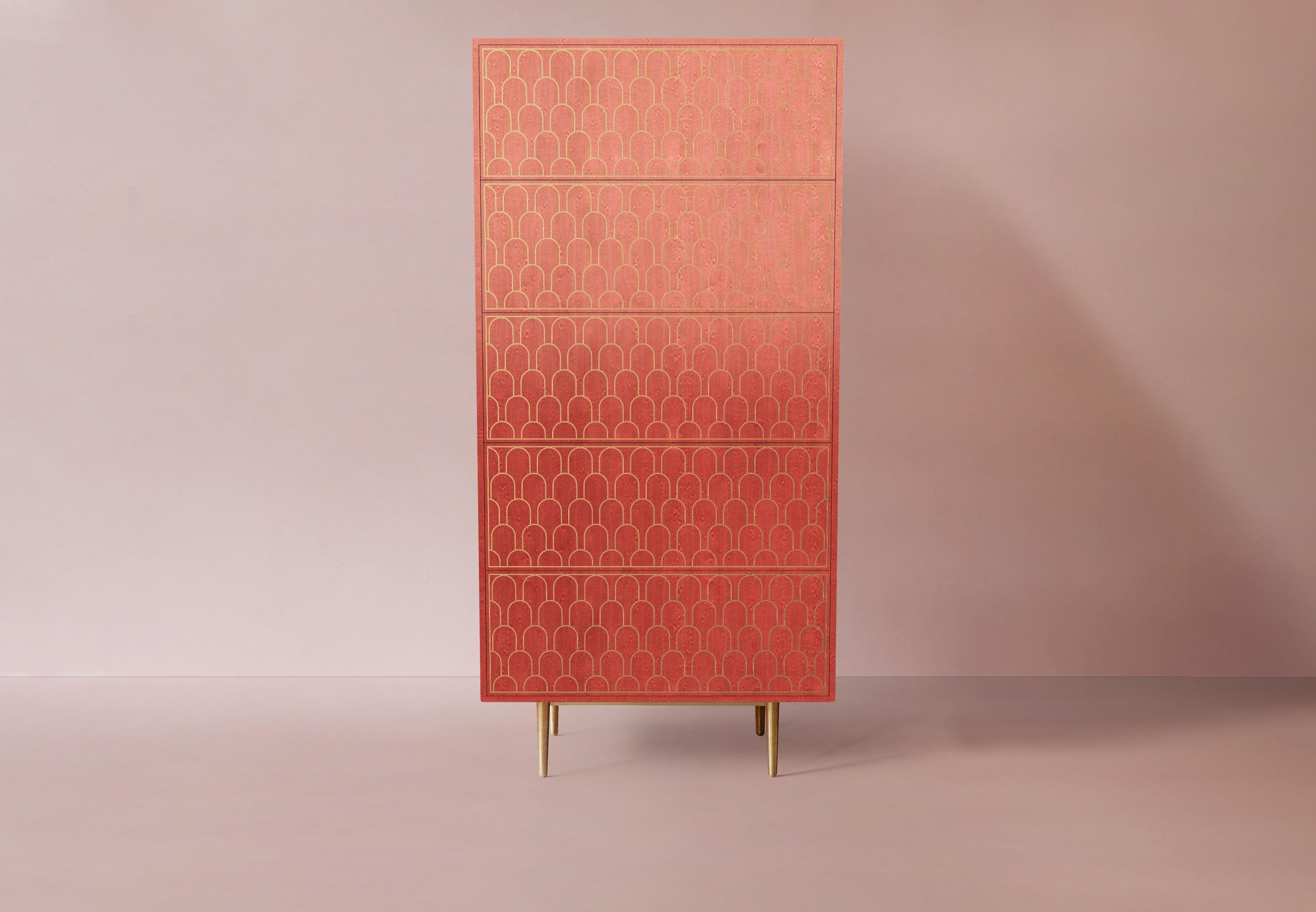 Maple Bethan Gray Nizwa Tall Boy Cabinet in Pink and Brass
