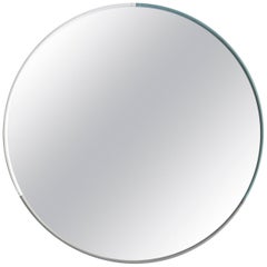 Medium Three-Color Round Leather Mirror in White, Teal and Grey