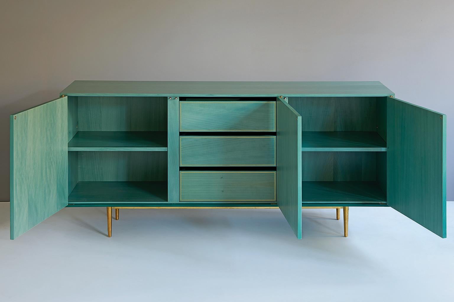 Maple Bethan Gray Nizwa Three Door Cabinet in Jade Italian Veneer and Solid Brass For Sale