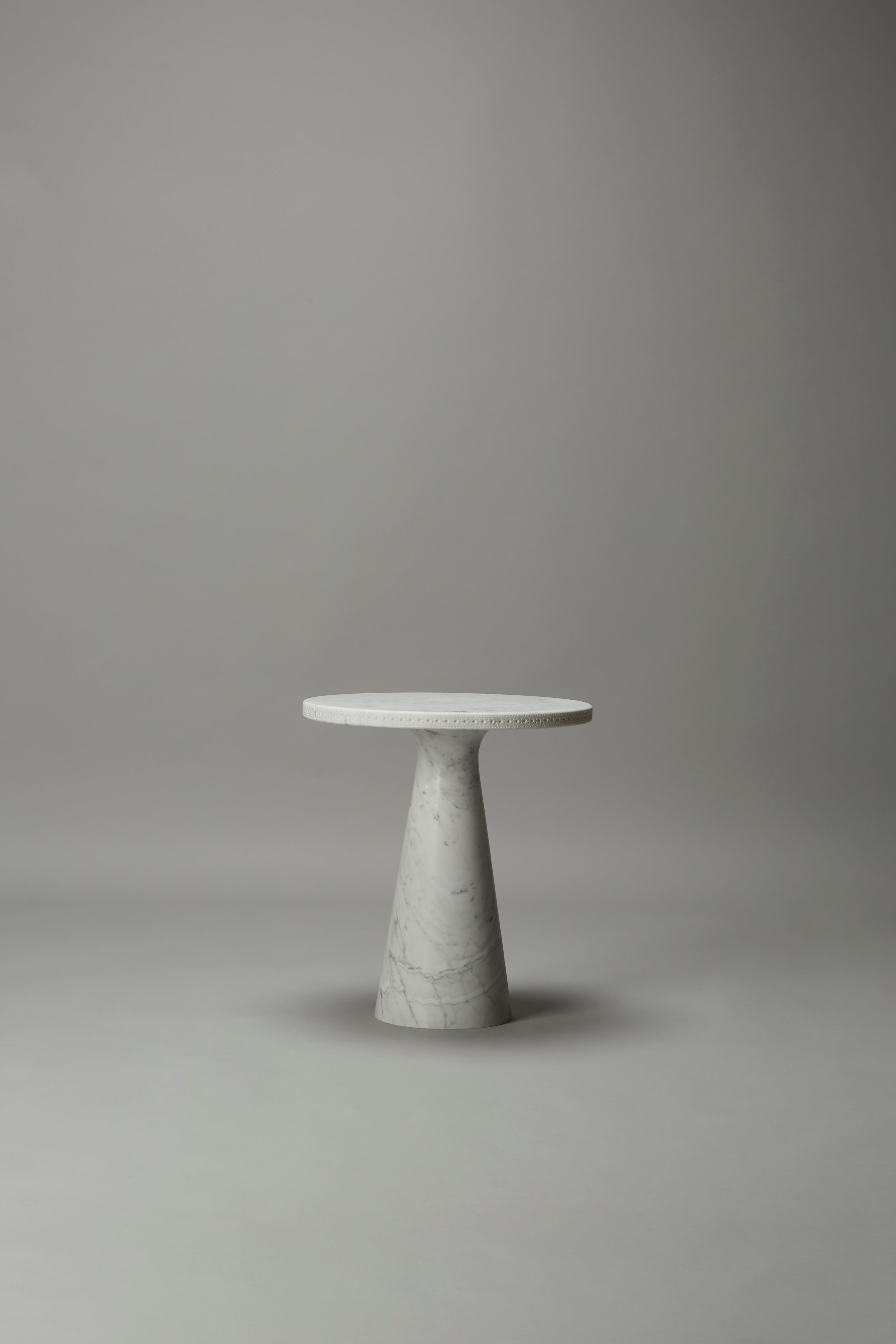 Organic Modern Bethan Grey All Carrara Marble Brogue Profile Side Table  For Sale