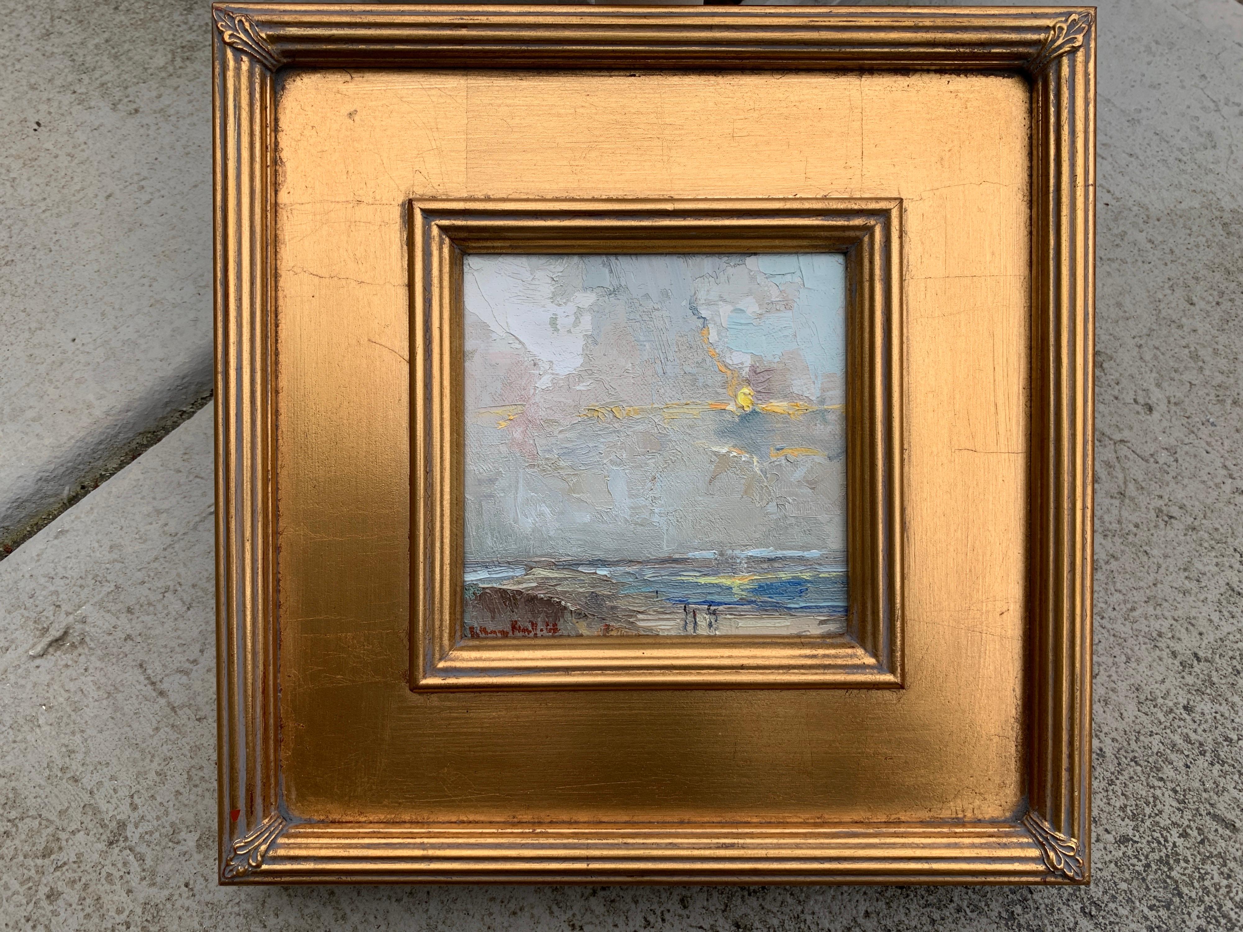 'And the Sky, Above, Below and Around us Lie?' is a small Impressionist oil on board beach painting created by American artist Bethanne Cople in 2019. Featuring a palette made of blue, green, brown and yellow tones, the painting takes its