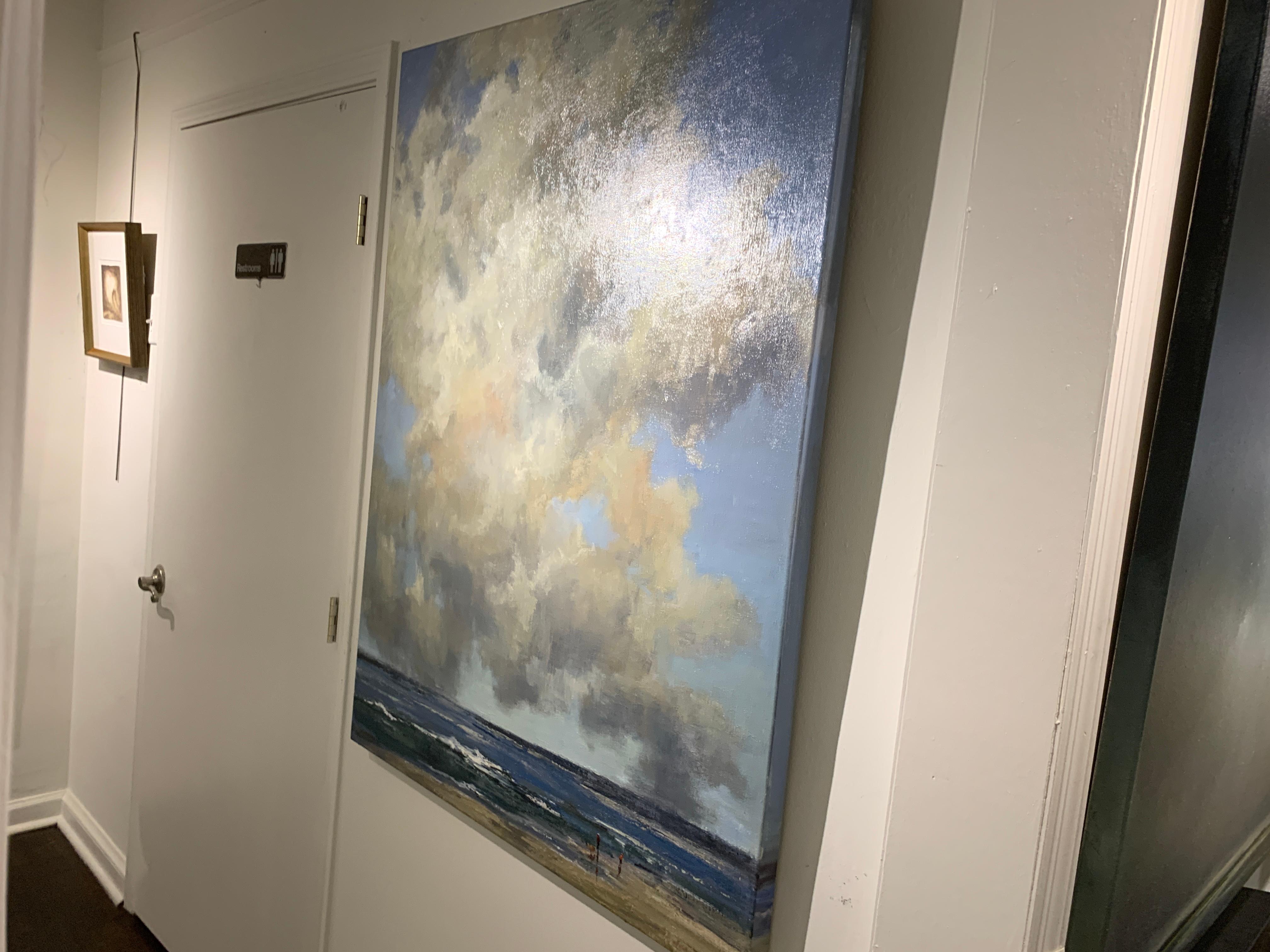 'As Old As Bliss' is a large vertical Impressionist oil on linen painting created by American artist Bethanne Cople in 2019. Featuring a palette made of blue, grey, brown and ochre tones, the painting depicts a seashore. Upon closer inspection, one