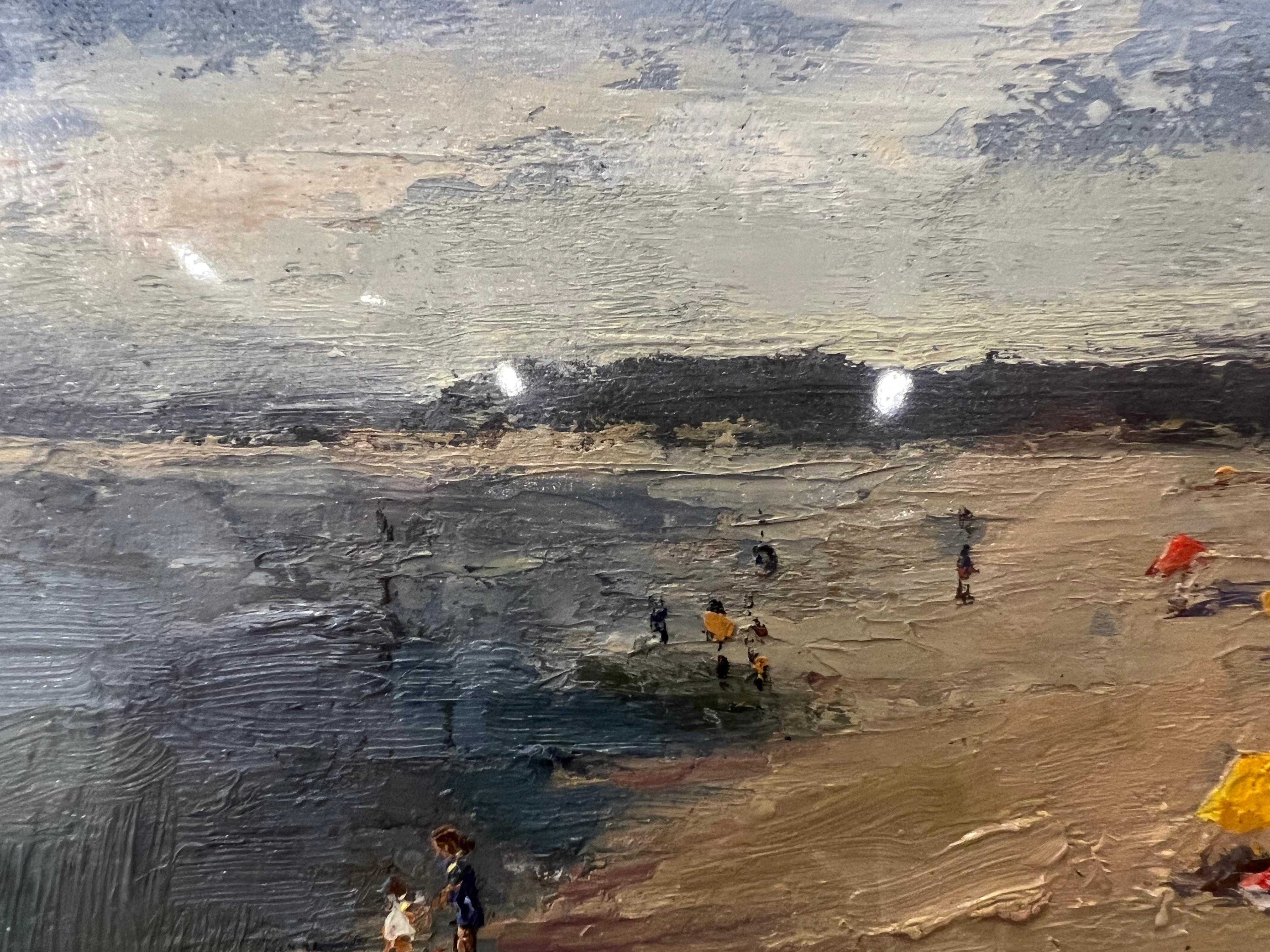 Basked in the Sun by Bethanne Cople, Oil on Board Landscape painting of Beach - Gray Landscape Painting by Bethanne Kinsella Cople